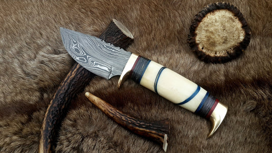 The Artisan's Blade: Custom Handmade Damascus Steel Hunting Knife | Camel Bone & Brass Accents | 9 Inches | KBS Knives