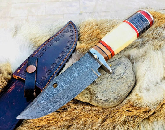Custom Handmade Big Hunting Knife with Damascus Steel Blade