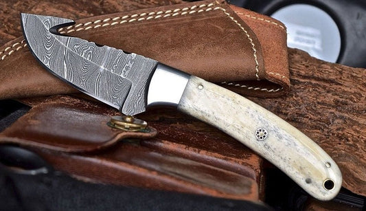 Damascus steel gut hook skinning knife