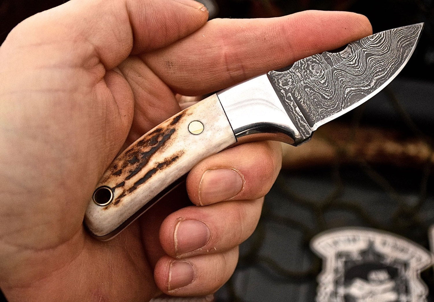 Custom Handmade Damascus New Zealand Red Stag Antler Handle Mini Skinning EDC Small Skinner Neck Knife