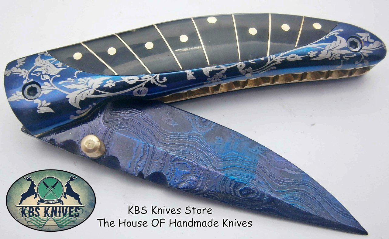 New Custom Handmade Patina-Color Damascus EDC Folding Knife