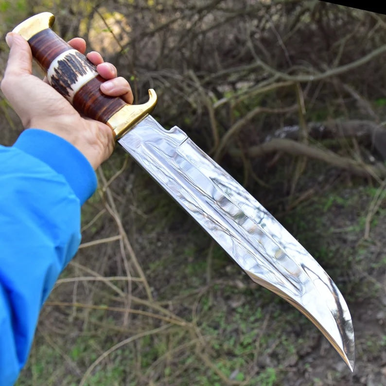 Premium D2 Steel Bowie Knife - 16" Overall, 11" Blade, Antler Horn Handle, Stacked Leather & Brass Guards