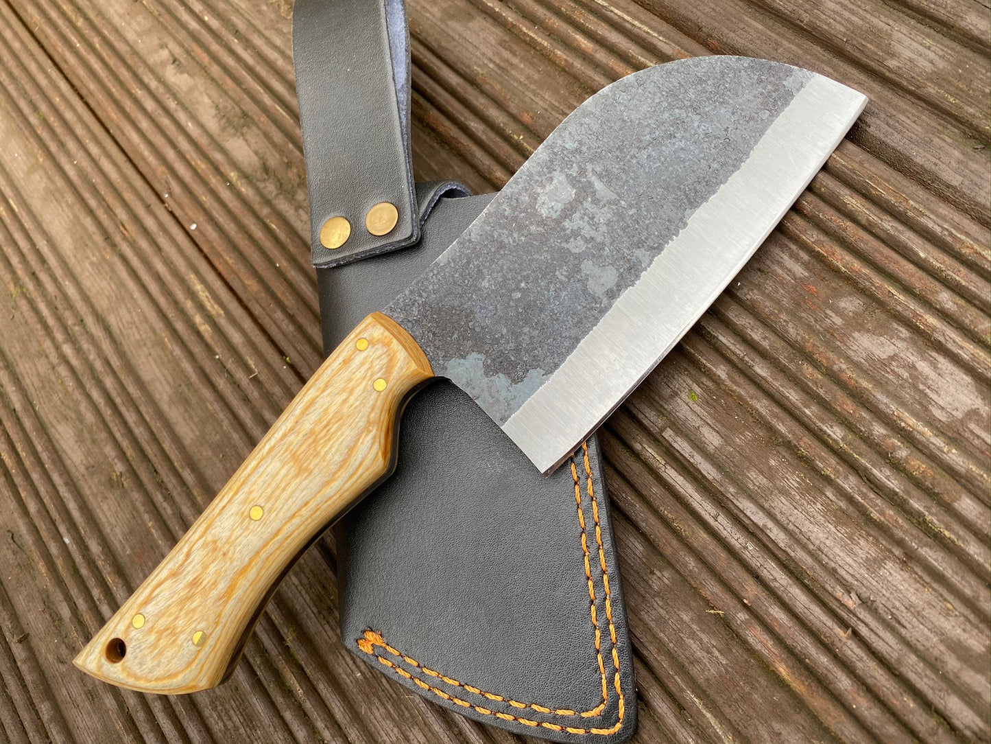 Premium Cleaver Knife for Sale - 10-Inch Full Tang 1095 Steel Blade, Oak Wood Handle, Leather Sheath - KBS Knives Store