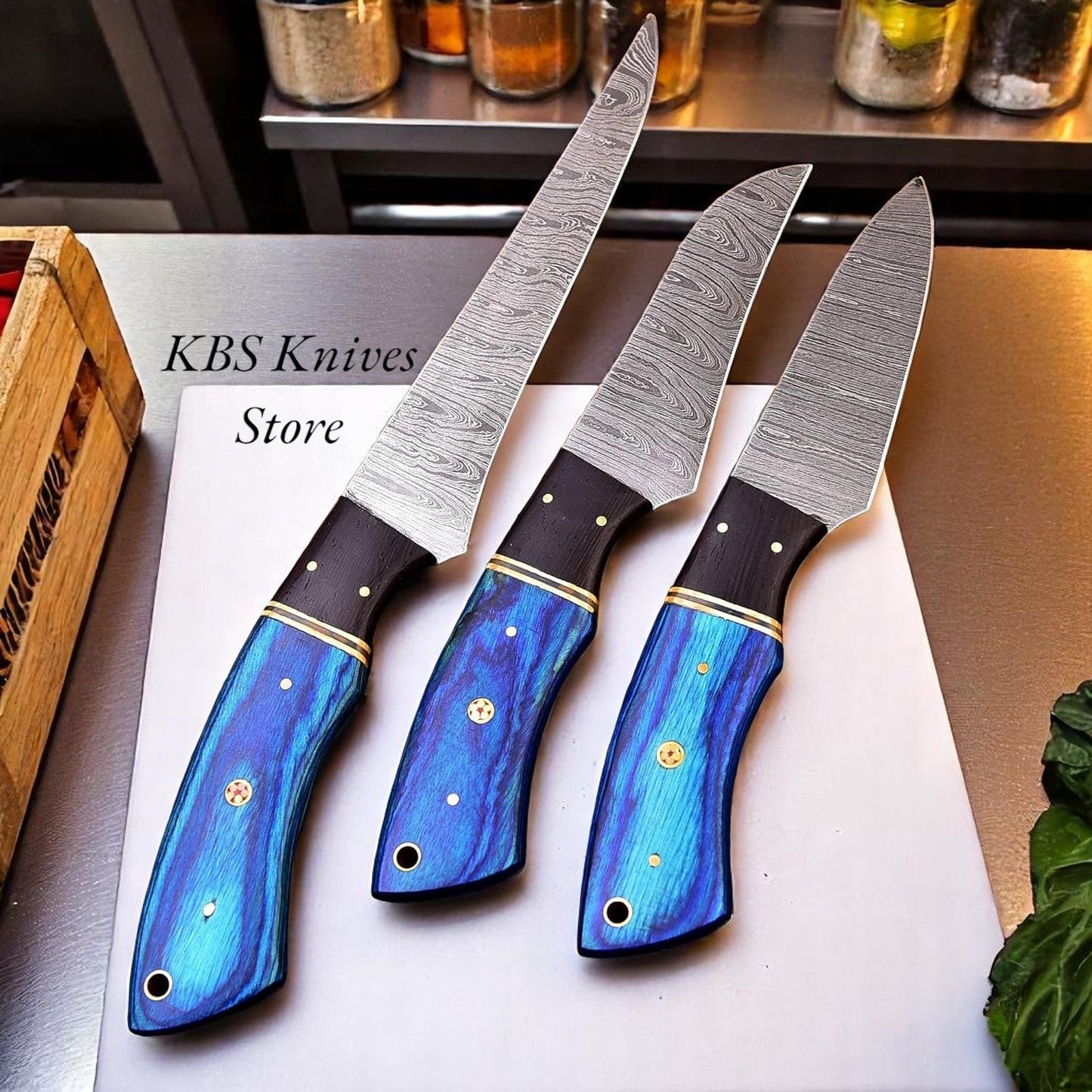 3 Pcs Japanese Damascus Kitchen Knives Set with Exotic Pakka Wood & G10 Handles – Handmade by KBS Knives Store