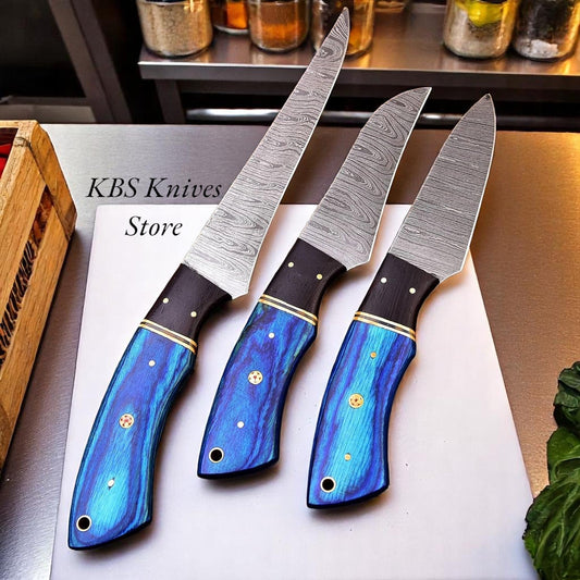 3 Pcs Japanese Damascus Kitchen Knives Set with Exotic Pakka Wood & G10 Handles – Handmade by KBS Knives Store