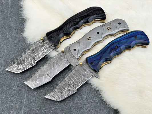 Deal of 3 Tactical Folding Pocket Knives – Custom Damascus Steel Blades with Exotic Wood Handles