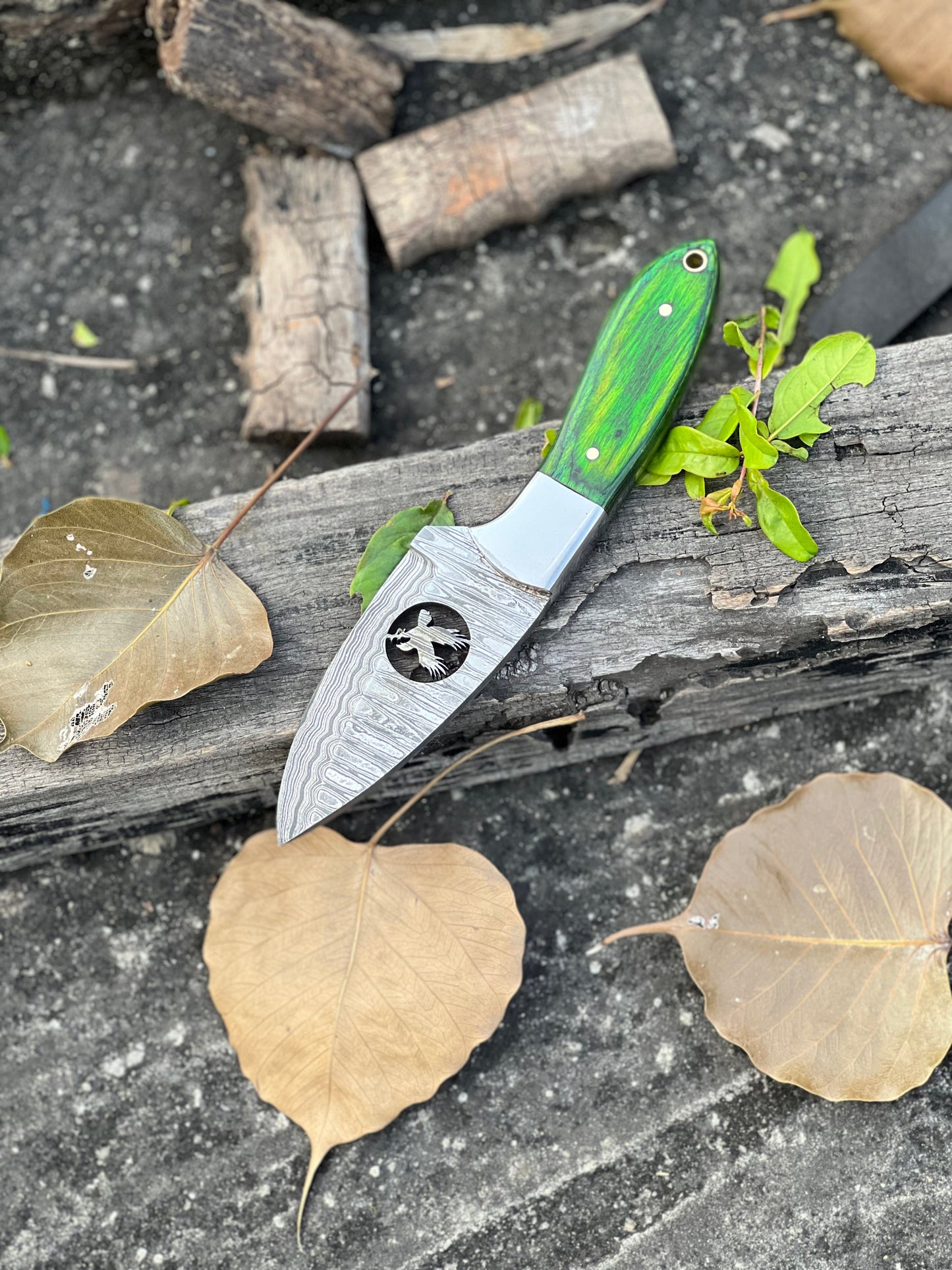 Handmade Skinner Knife – 8" Damascus Steel Blade with Pakkawood & Wire-Cut Handle + Leather Sheath