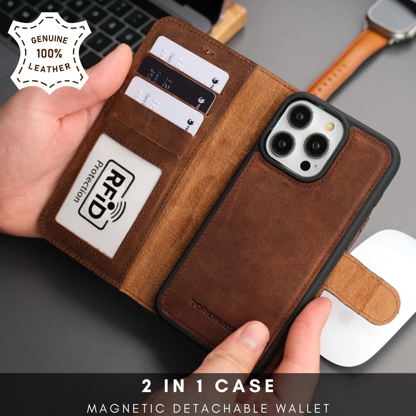 Casper Leather iPhone 15 Pro Wallet Case | Detachable MagSafe Compatible RFID Protection