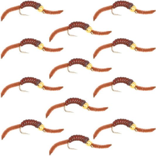 San Juan Bead Head Power Worm Brown V-Rib - 1 Dozen Hook Size 12
