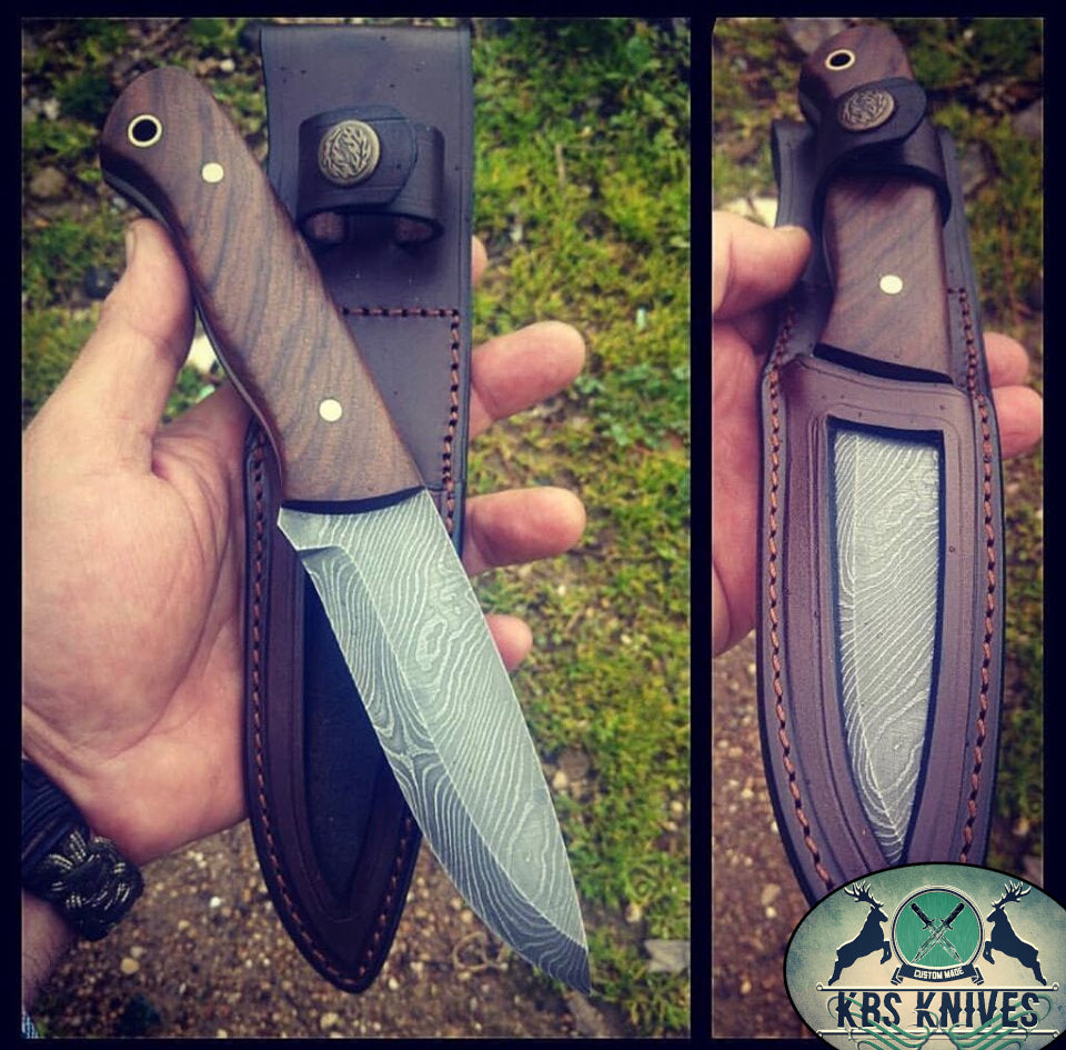 Damascus Bushcraft Camping Knife with Rosewood Handle - 9-Inch Overall Length - Includes Leather Sheath - Available at KBS Knives Store