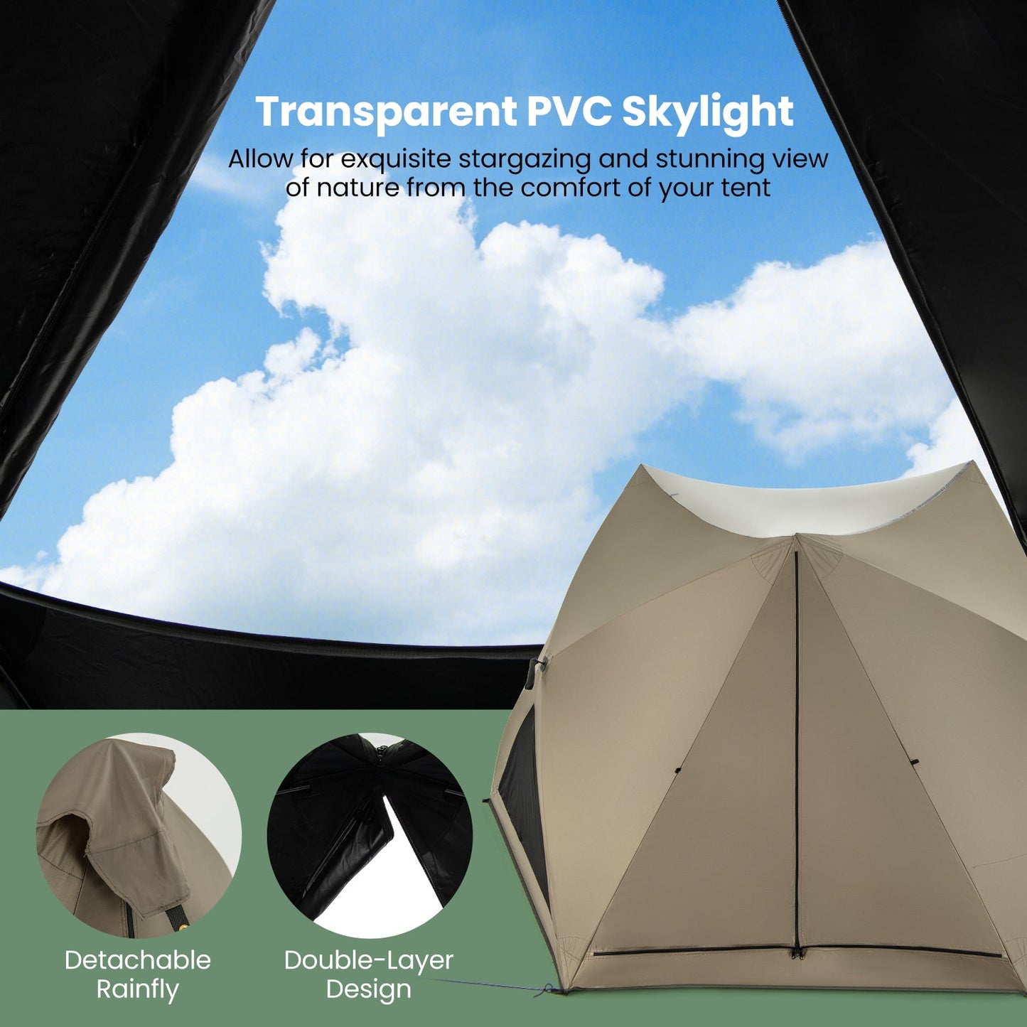 6-Sided Pop-up Family Tent with Rainfly Skylight 3 Doors 3 Windows-Green