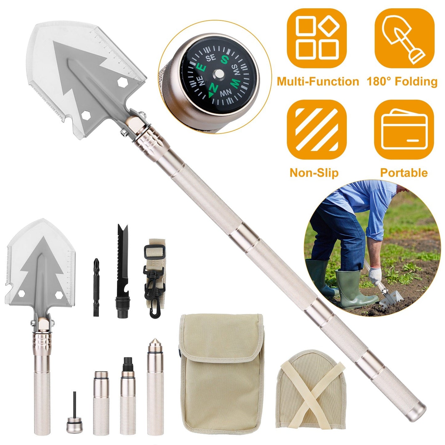 Military Folding Shovel Multifunctional Survival Emergency Spade Tactical Multi Tool For Outdoor Camping Hiking Backpacking w/ Compass