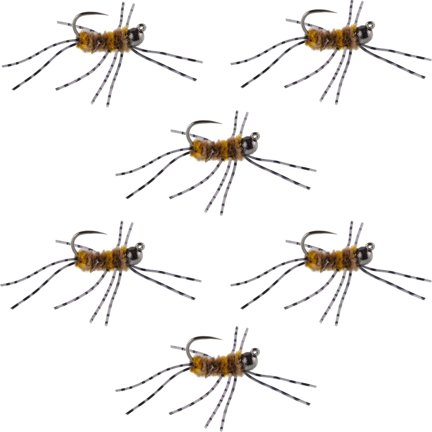 Barbless Pat's Barred Rubber Legs Tungsten Bead Jigged Coffee/Tan Euro Nymph  - Set of 6 Flies Hook Size 6