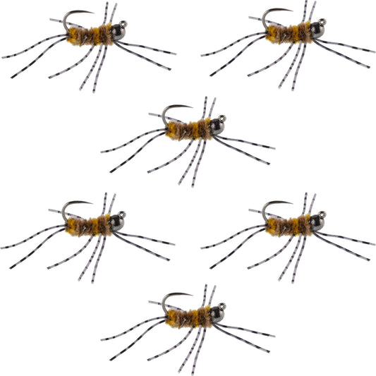 Barbless Pat's Barred Rubber Legs Tungsten Bead Jigged Coffee/Tan Euro Nymph  - Set of 6 Flies Hook Size 6