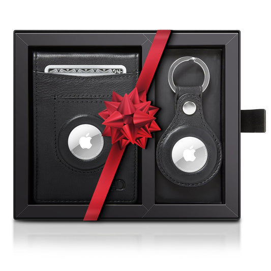 Genuine Leather Money Clip Wallet and Airtag Keychain Gift Set