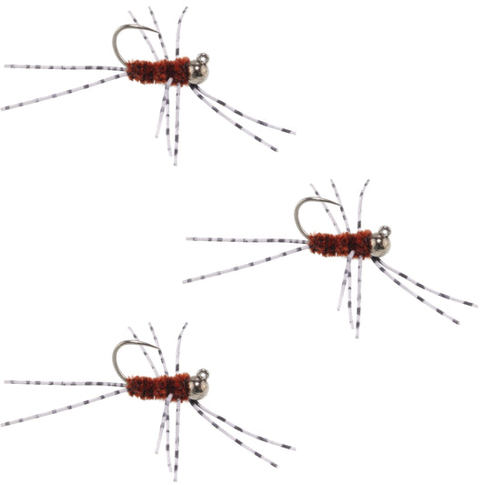 3 Pack Barbless Pat's Barred Rubber Legs Tungsten Bead Jigged Brown Euro Nymph - Hook Size 6