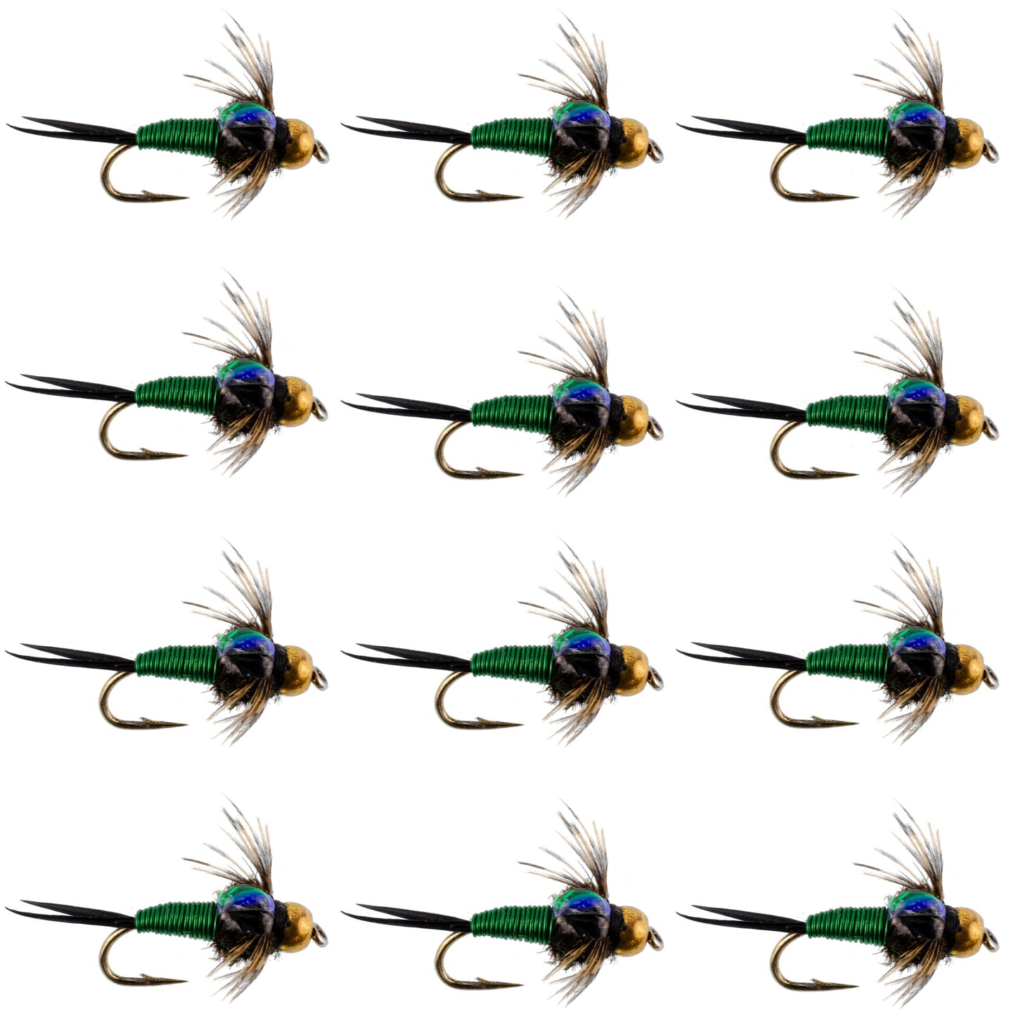 Bead Head Green Copper John Nymph Fly Fishing Flies - 1 Dozen Flies Hook Size 12