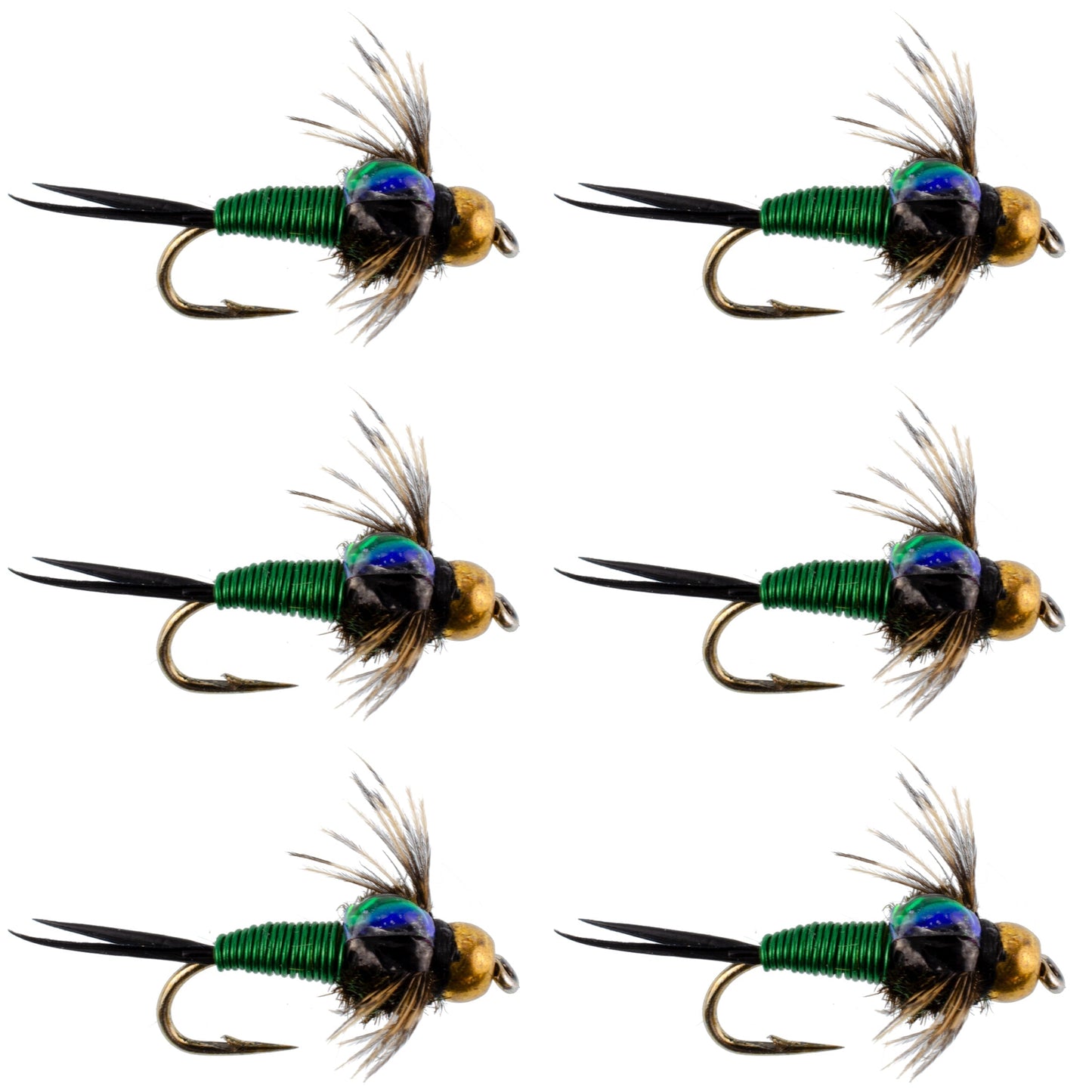 Bead Head Green Copper John Nymph Fly Fishing Flies - Set of 6 Flies Hook Size 18