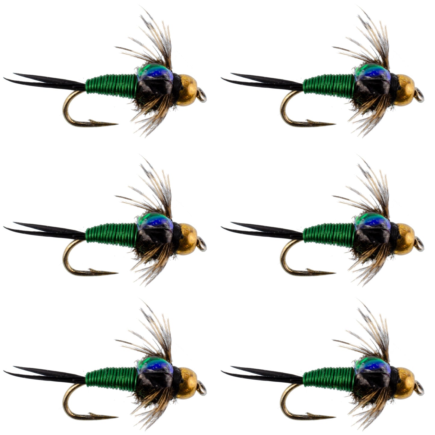 Bead Head Green Copper John Nymph Fly Fishing Flies - Set of 6 Flies Hook Size 16