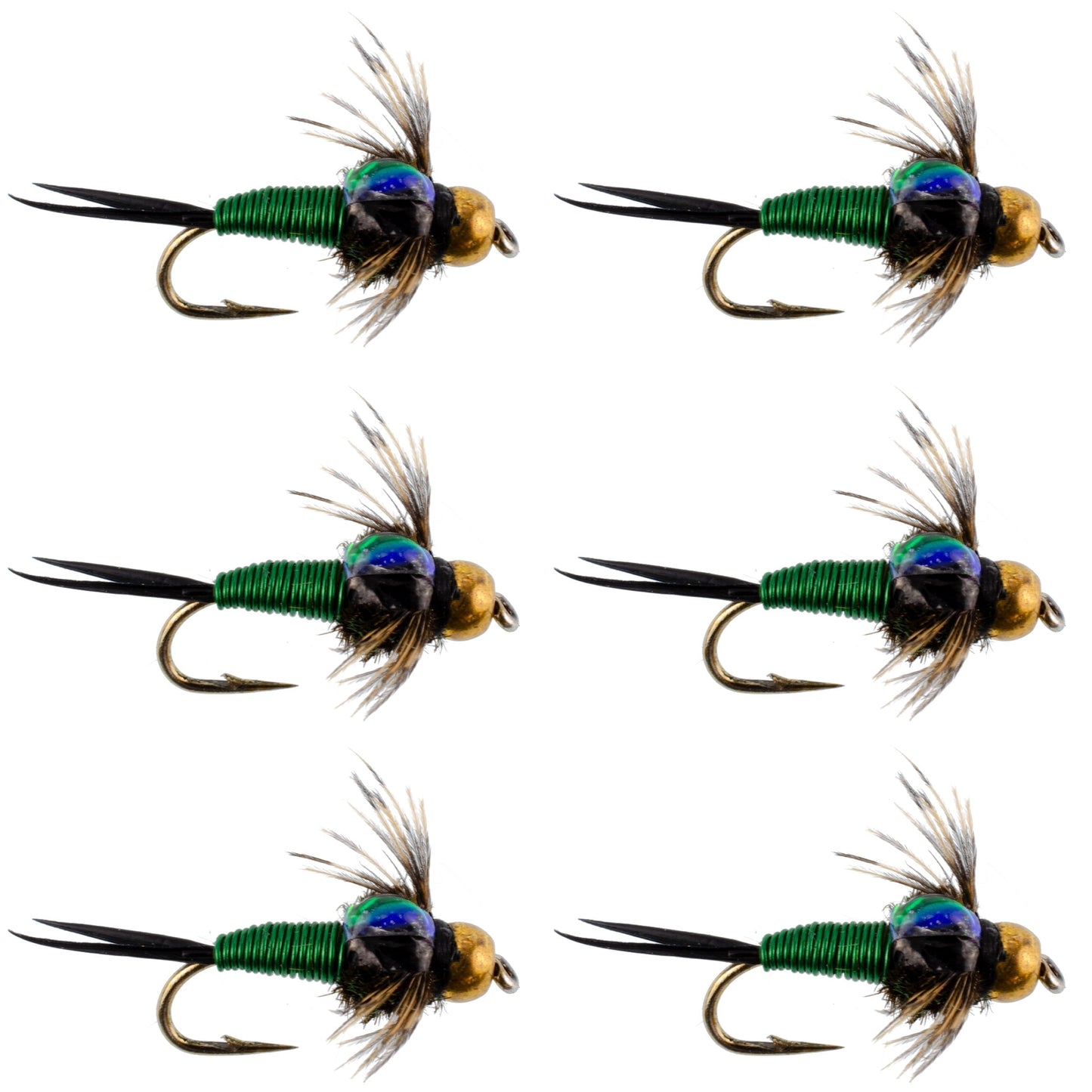 Bead Head Green Copper John Nymph Fly Fishing Flies - Set of 6 Flies Hook Size 12