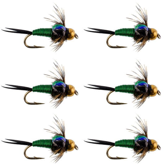 Bead Head Green Copper John Nymph Fly Fishing Flies - Set of 6 Flies Hook Size 12