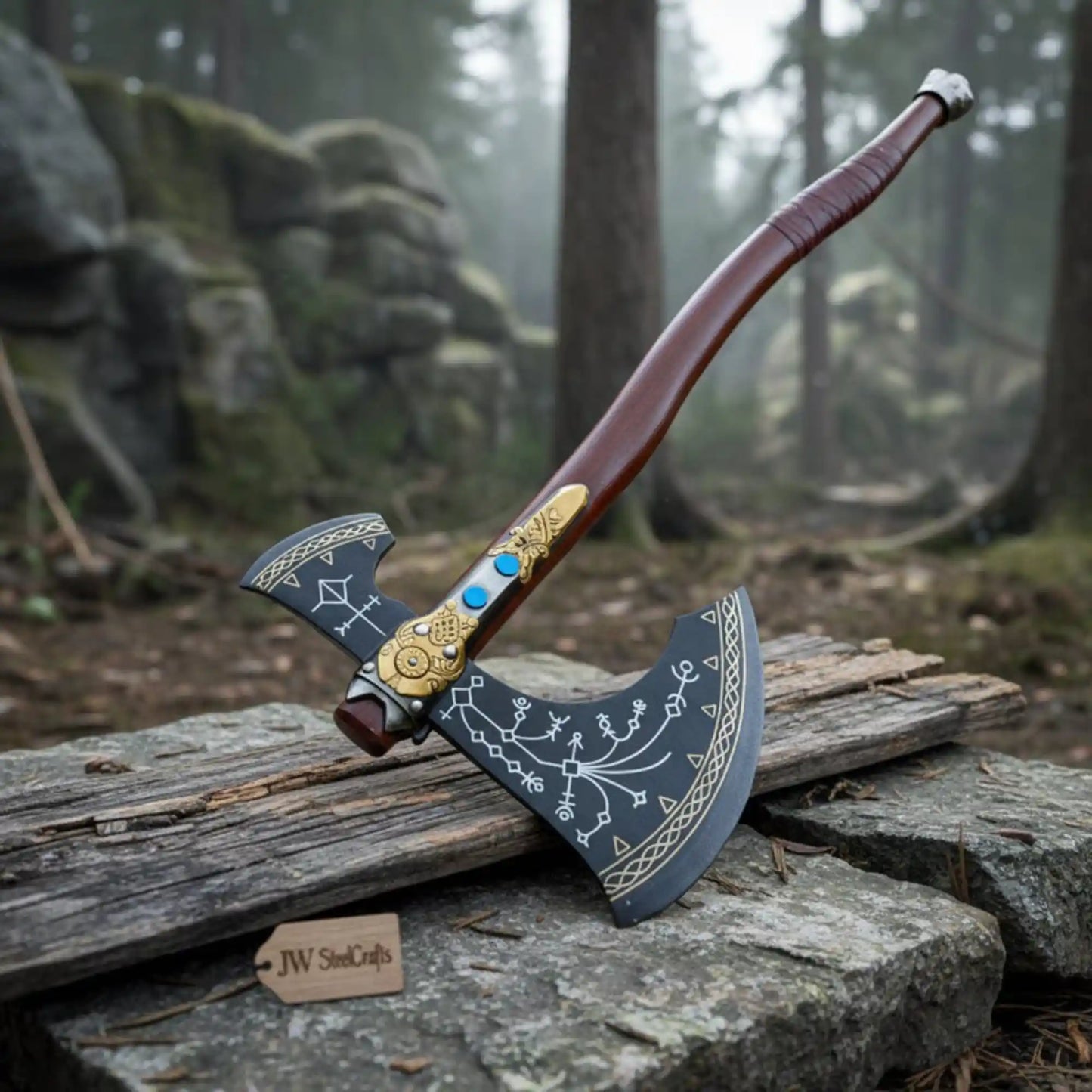 Hand Forged Viking Fantasy Double-Bit Axe with Norse Engraving, Gold Handle Fittings and Blue Gemstone Inlays
