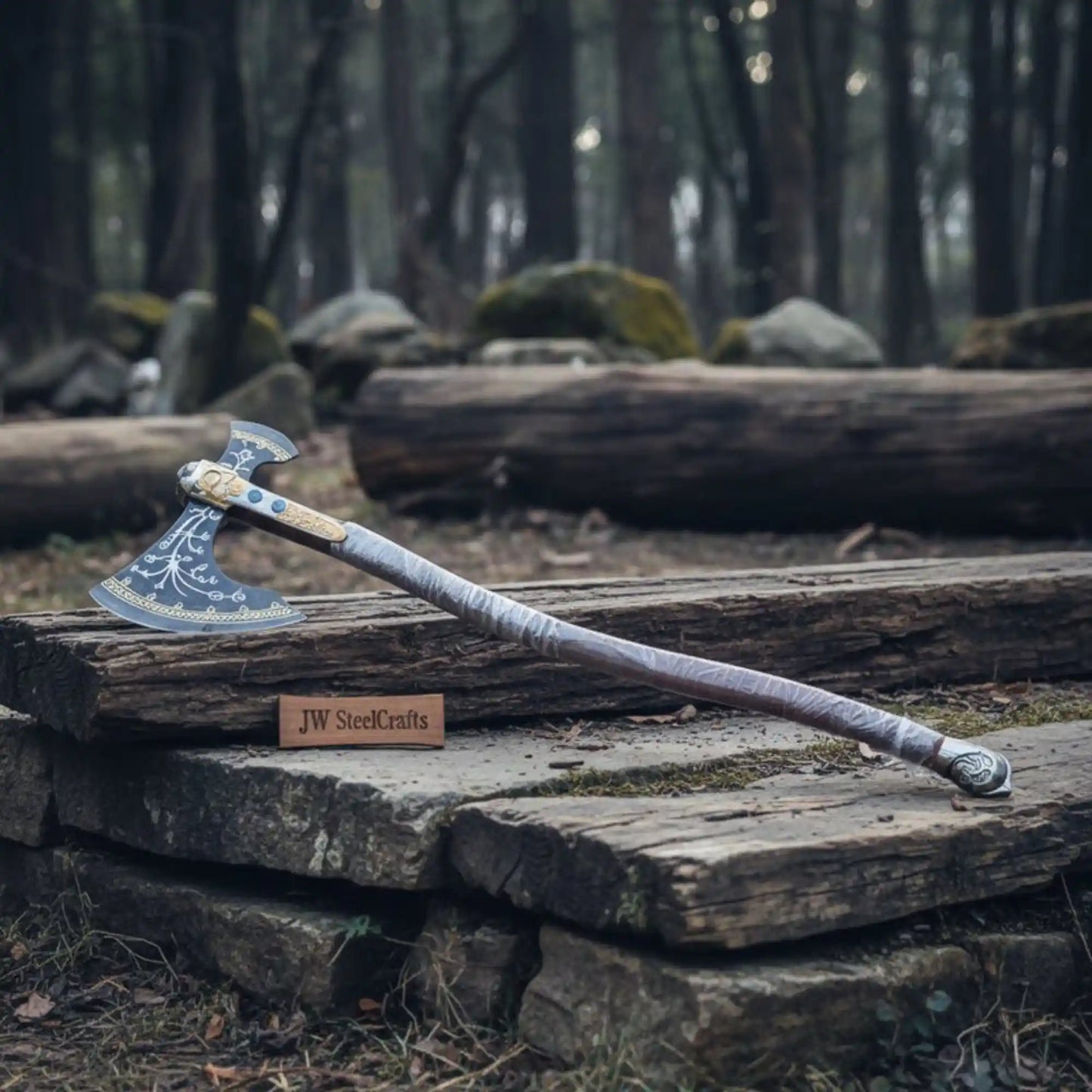 Hand Forged Viking Fantasy Double-Bit Axe with Norse Engraving, Gold Handle Fittings and Blue Gemstone Inlays