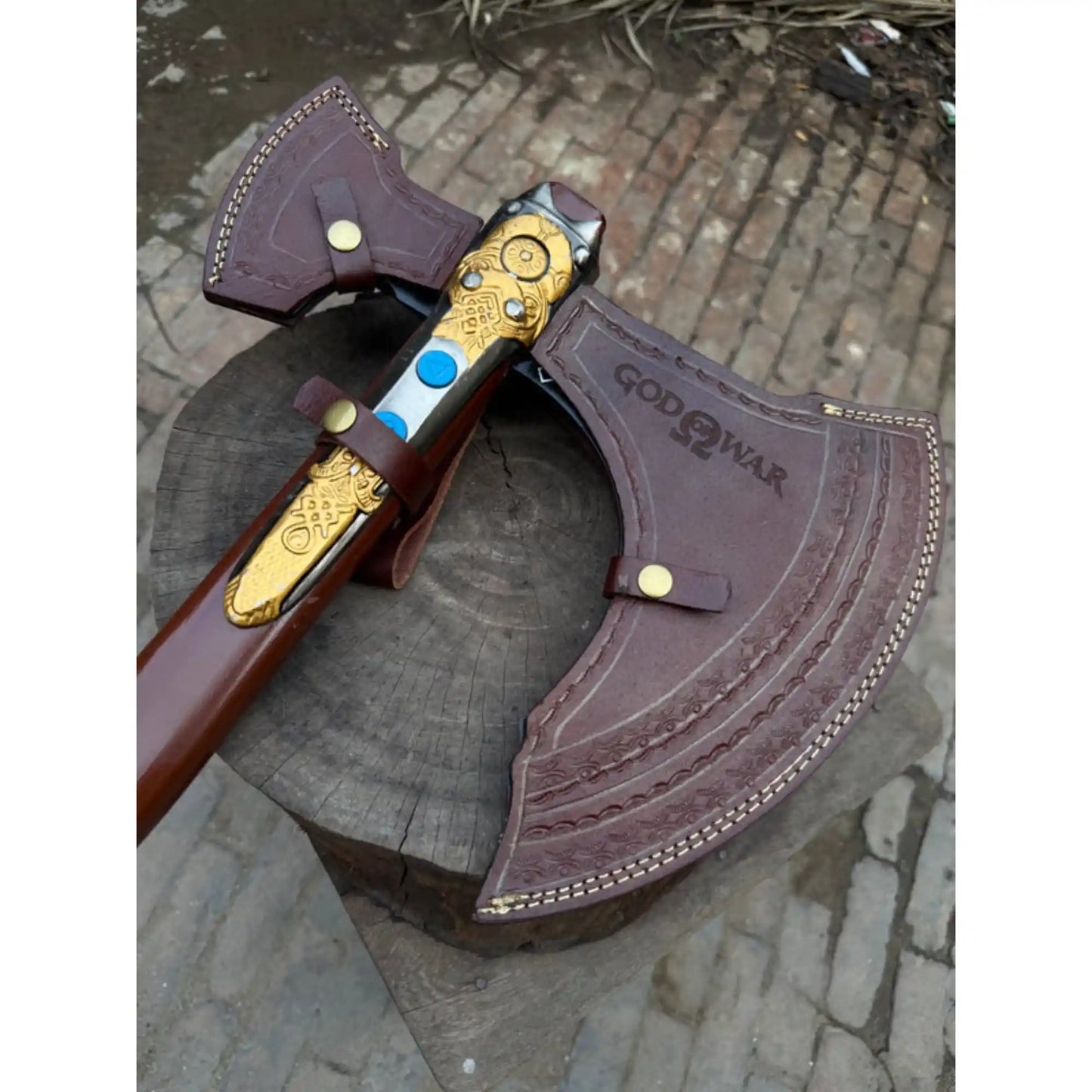 Hand Forged Viking Fantasy Double-Bit Axe with Norse Engraving, Gold Handle Fittings and Blue Gemstone Inlays