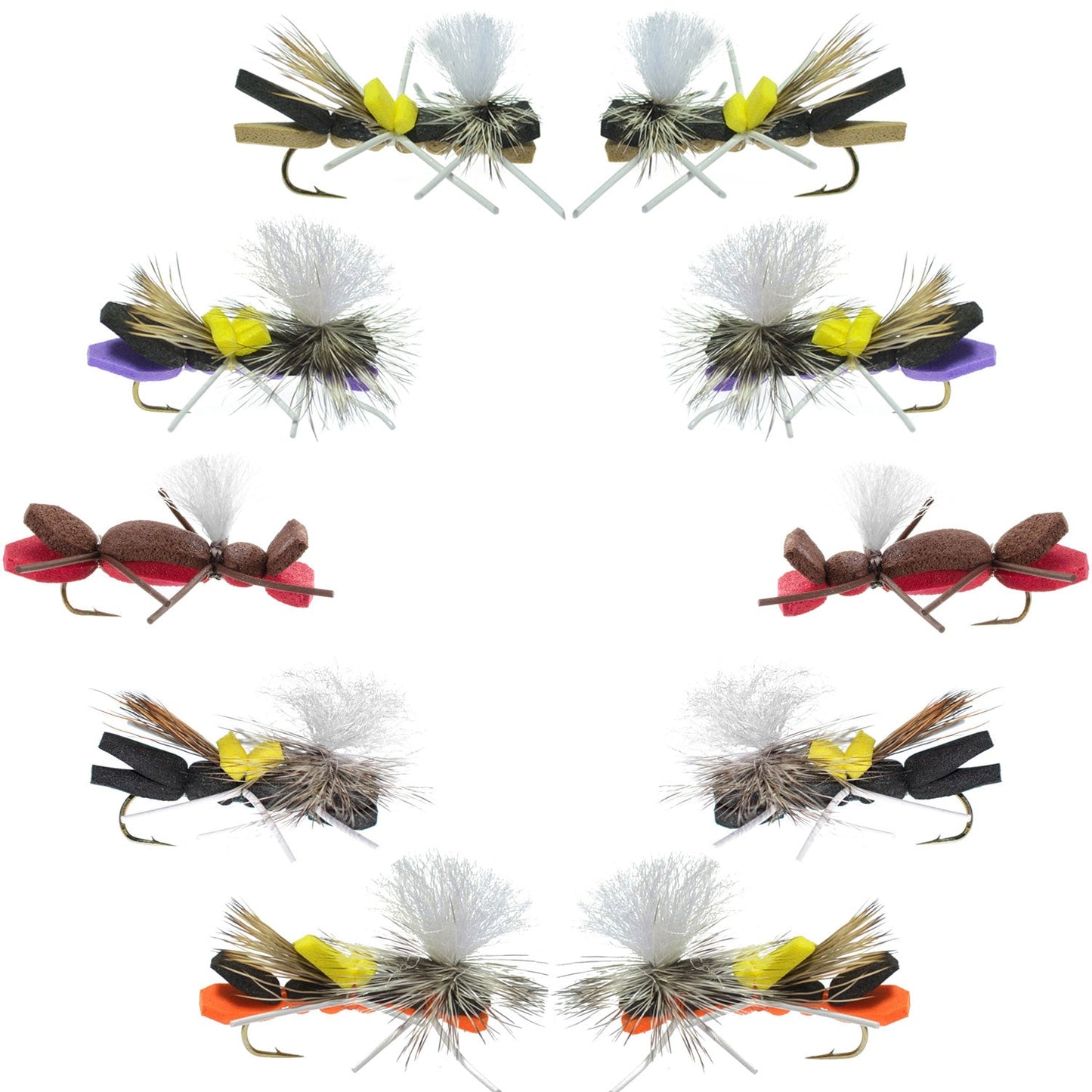 Basics Collection - Parachute Chernobyl Ant Foam Dry Fly Assortment - 10 Dry Fishing Grasshopper Dropper Flies - 5 Patterns - Hook Size 10