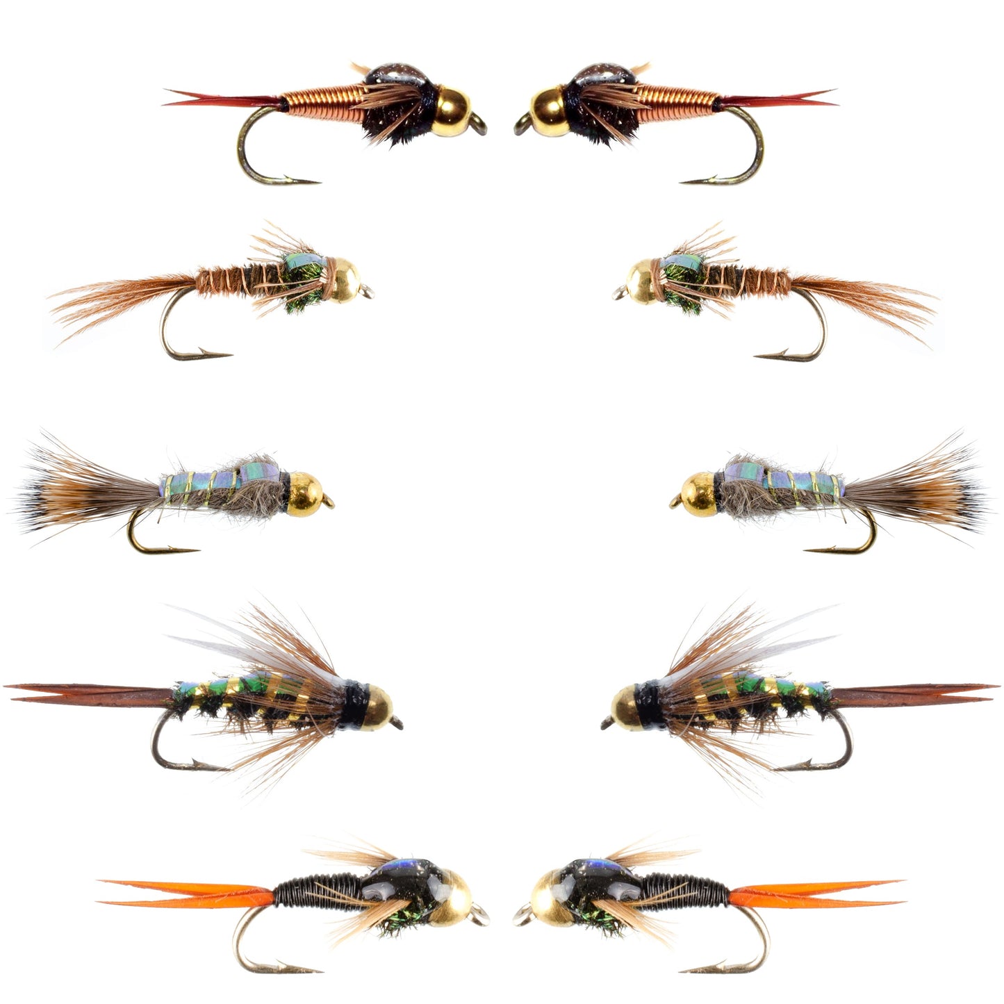 Basics Collection - Flash Back Tungsten Bead Head Nymph Assortment - 10 Wet Flies - 5 Patterns - Hook Sizes 10, 12, 14, 16