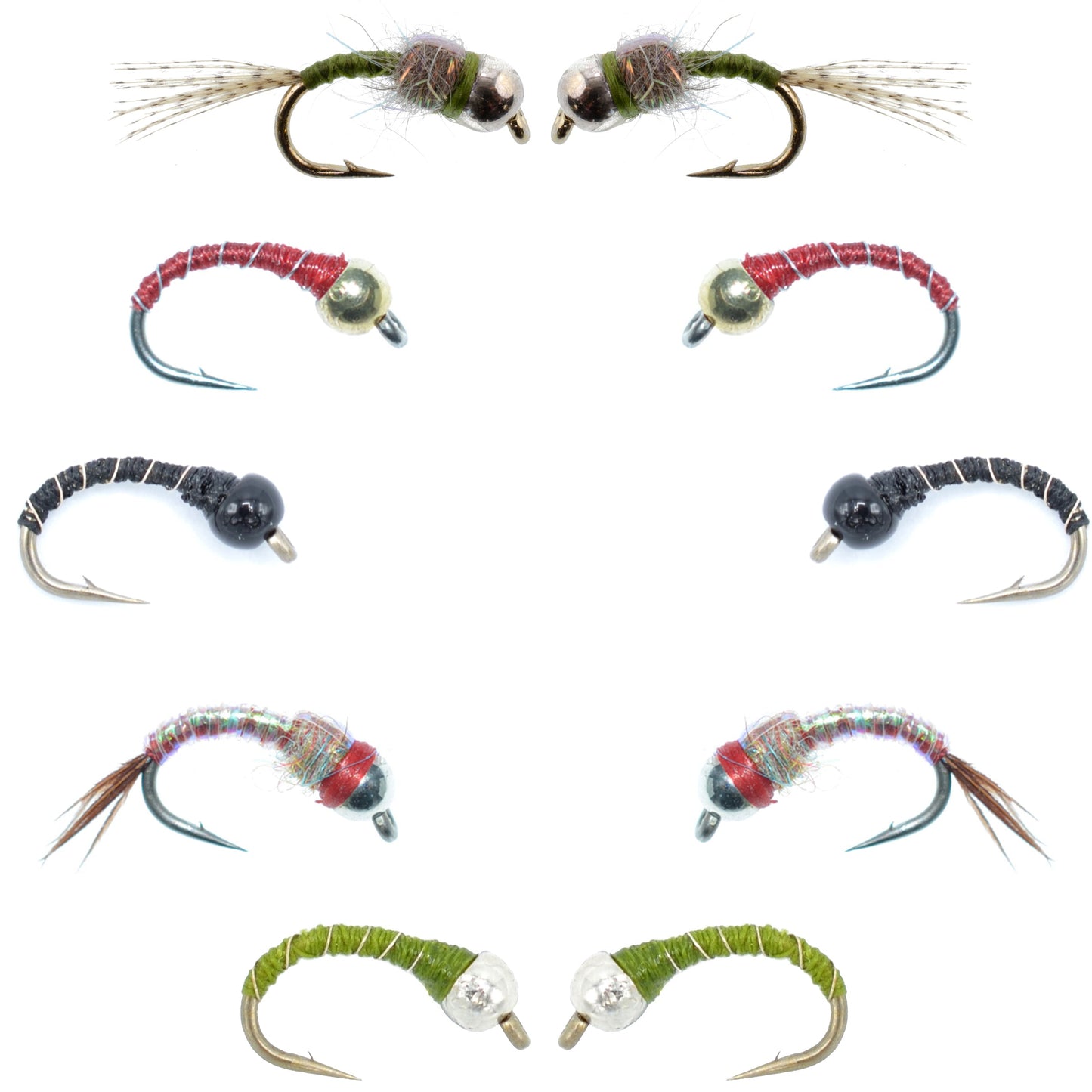 Basics Collection - Essential Bead Head Midge Nymph Assortment - 10 Wet Flies - 5 Patterns - Hook Sizes 14, 16, 18