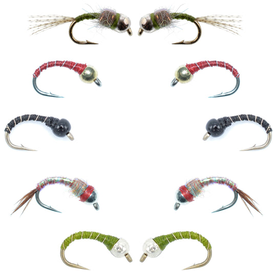 Basics Collection - Essential Bead Head Midge Nymph Assortment - 10 Wet Flies - 5 Patterns - Hook Sizes 14, 16, 18