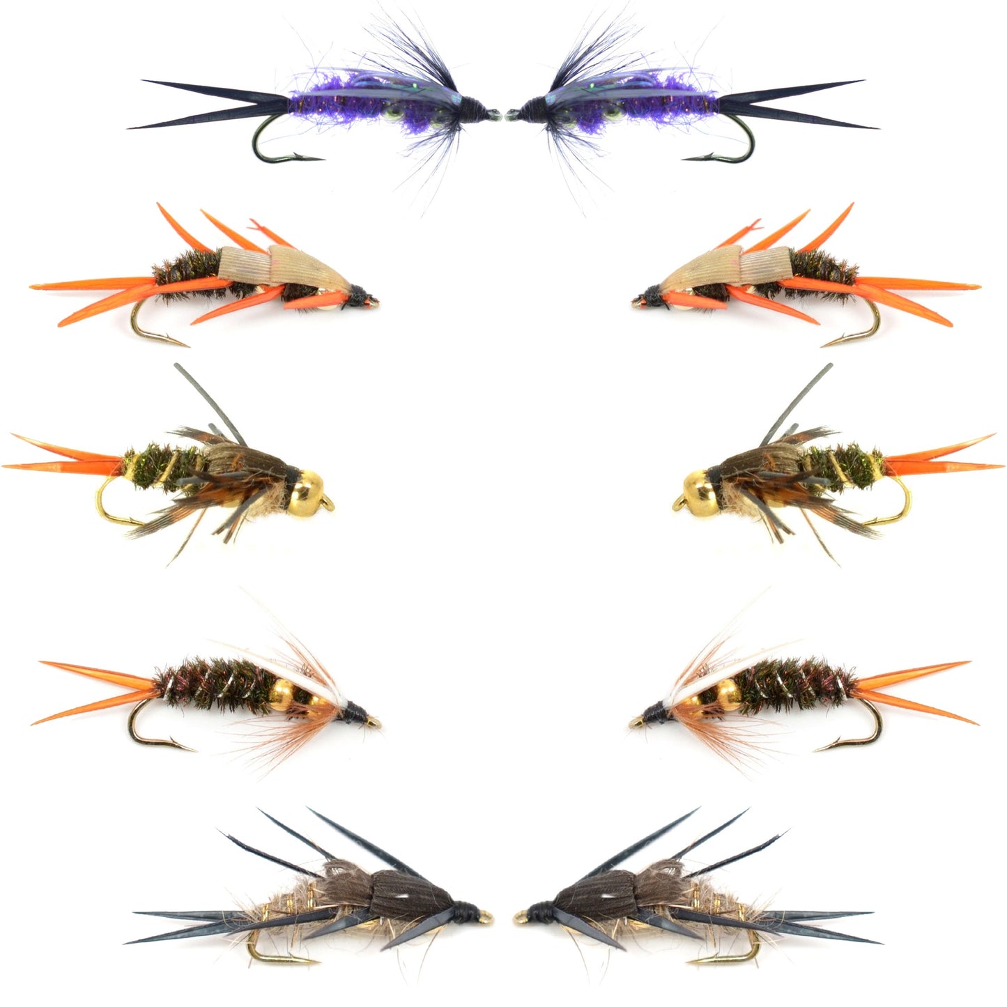 Basics Collection - Double Bead Head Nymph Assortment - 10 Wet Flies - 5 Patterns - Hook Size 14