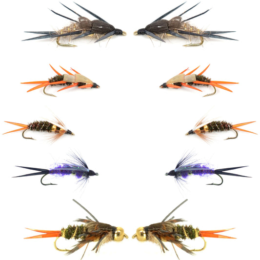Basics Collection - Double Bead Head Nymph Assortment - 10 Wet Flies - 5 Patterns - Hook Size 10