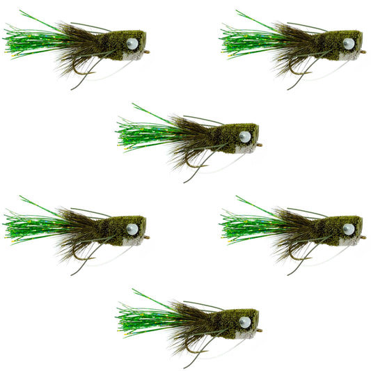 Flashtail Bass Popper 6 Flies Size 8 - Olive Bass Fly Fishing Bug Wide Gape Bass Hooks With Weed Guard