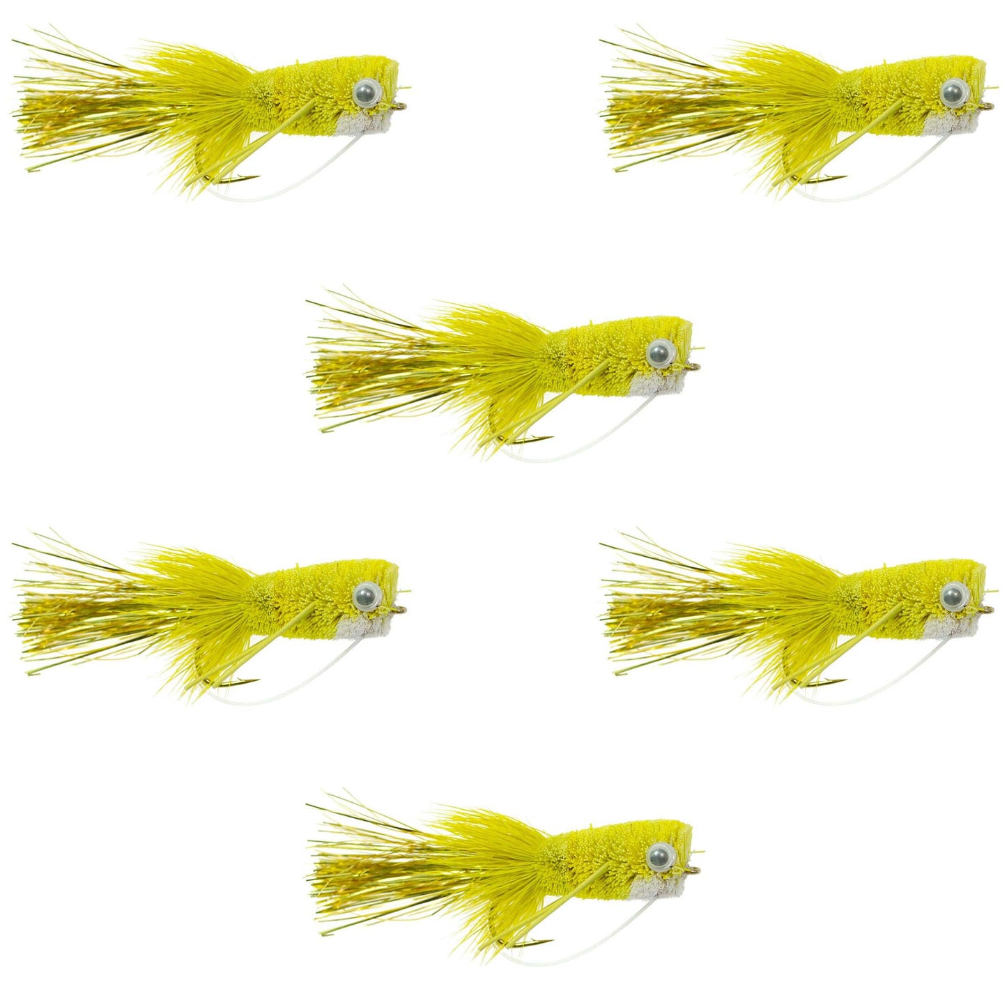 Flashtail Bass Popper  6 Flies Size 8 - Yellow Bass Fly Fishing Bug Wide Gape Bass Hooks With Weed Guard