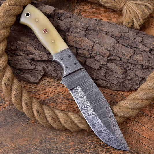 Whitetail Warrior - Custom Handcrafted Damascus Steel Deer Hunting Knife with Bone Handle and Damascus Bolster