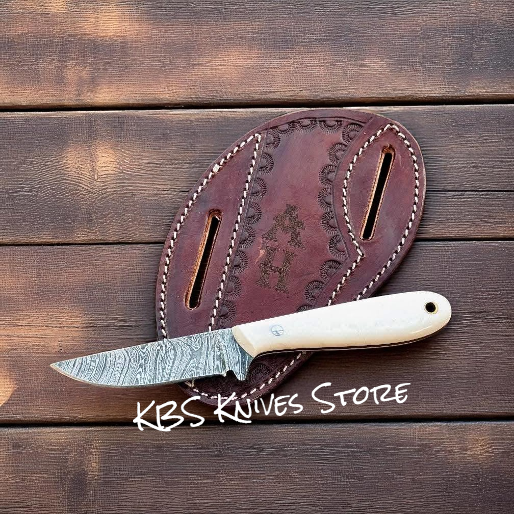 Custom Buckaroo Belt Knife For Rodeo Rider - 3.15" Damascus Steel Bone Handle