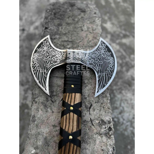 Hand Engraved Double Headed Viking Axe with Nordic Knotwork and Leather Wrapped Handle