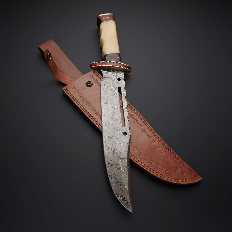 Rambo First Blood Knife - Custom Handmade Damascus Bowie with Rose Wood and Bone Handle