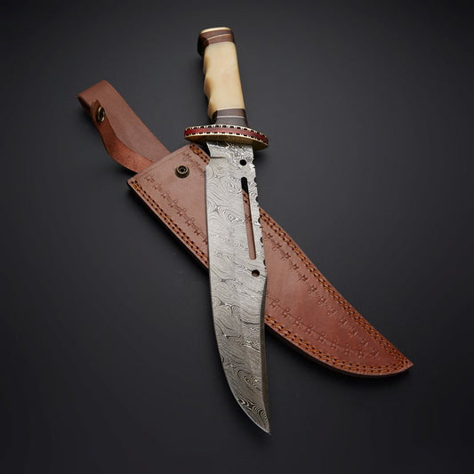 Rambo First Blood Knife - Custom Handmade Damascus Bowie with Rose Wood and Bone Handle