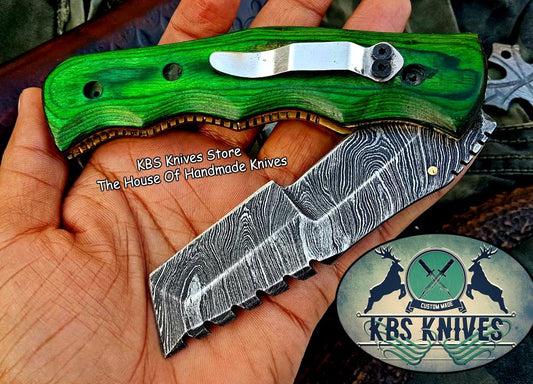 Custom Handcrafted Damascus Steel Tops Tanto Tactical Tracker Folding Knife - Ideal for Survival, Camping & Tactical Use | KBS Knives