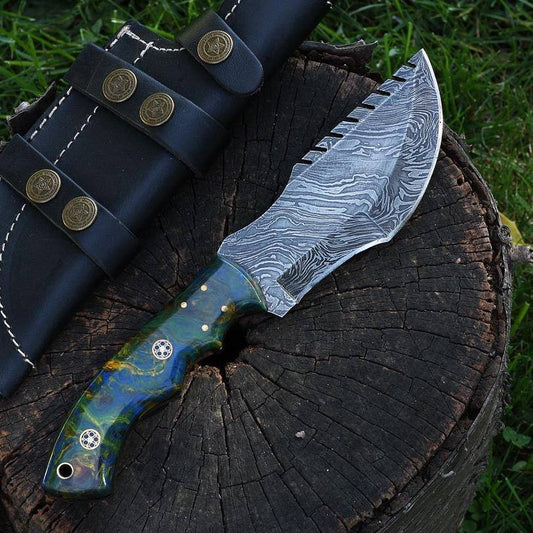 Custom Handcrafted Fire Damascus Top Tom Brown Tracker Knife - 10" Epoxy Resin Handle with Horizontal Leather Sheath | Survival, Tactical, Combat | KBS Knives