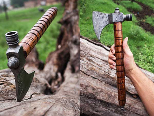 Custom Handmade Damascus Steel Pipe Tomahawk – Rosewood Handle with Smoke Pipe