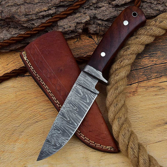 Custom Handmade Hunting Knife with Full Tang Damascus Steel Blade and Rosewood Handle - 8.25 Inches