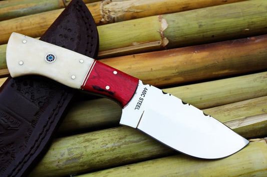 Custom Handmade Mirror Polished 440C Steel Skinning Knife - 8 Inch Bone Handle with Exotic Wood Bolster, Leather Sheath - Premium Quality by KBS Knives