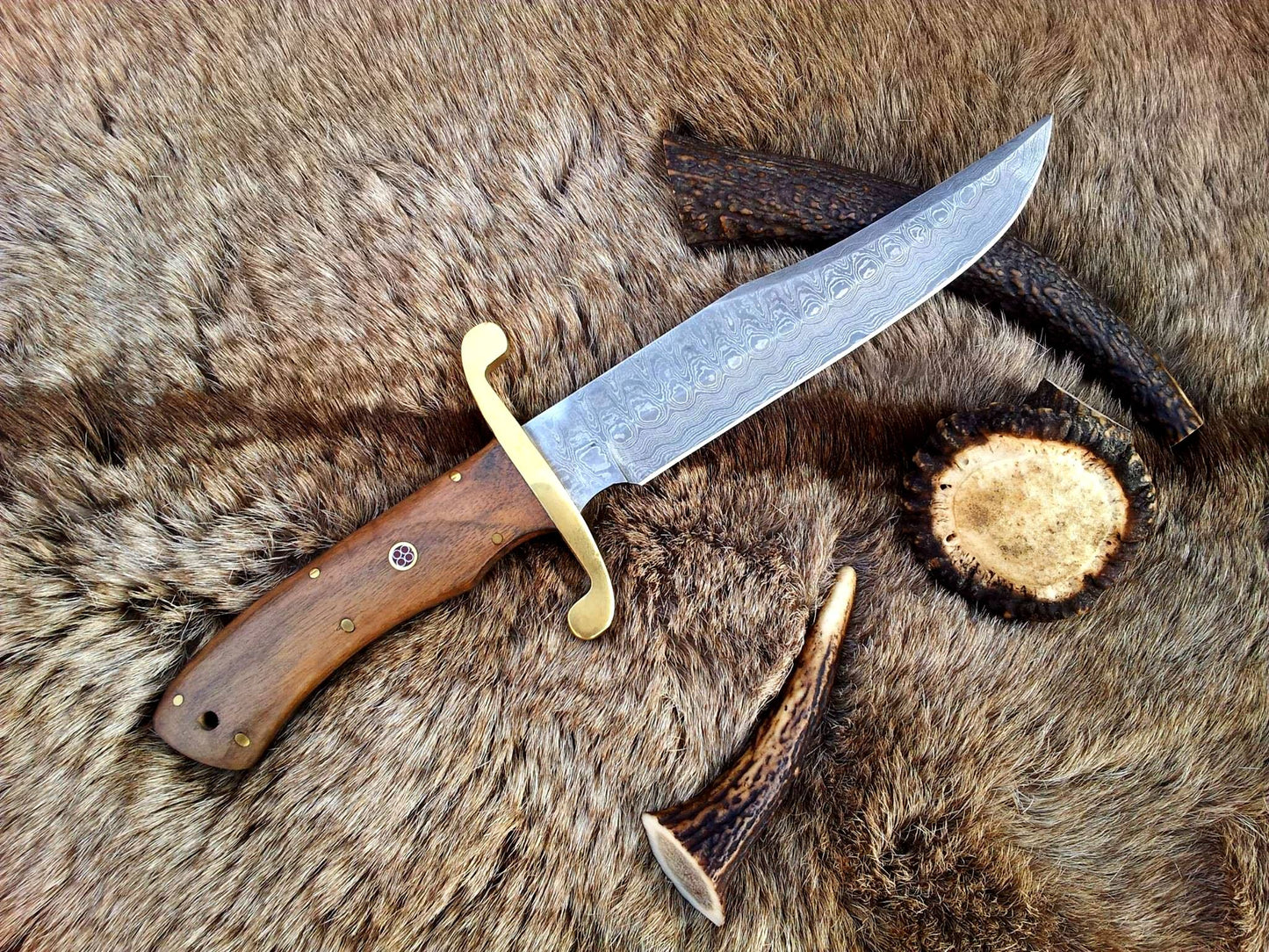 Custom Handmade Original Bowie Knife with Full Tang Damascus Steel Blade and Rosewood Handle - 13 Inches