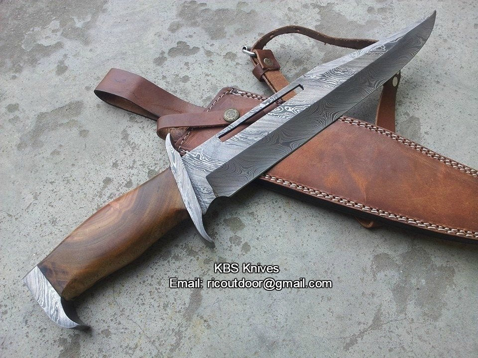 Rambo Knife – Handmade 17" Damascus Steel Blade with Blood Groove & Rosewood Handle
