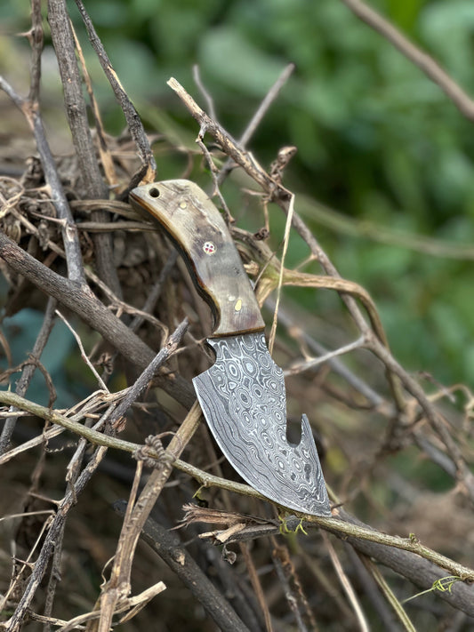 Custom Handmade Damascus Steel Guthook Skinning Knife with Sheep Horn Handle – 7.5” Hunting Gift with Leather Sheath