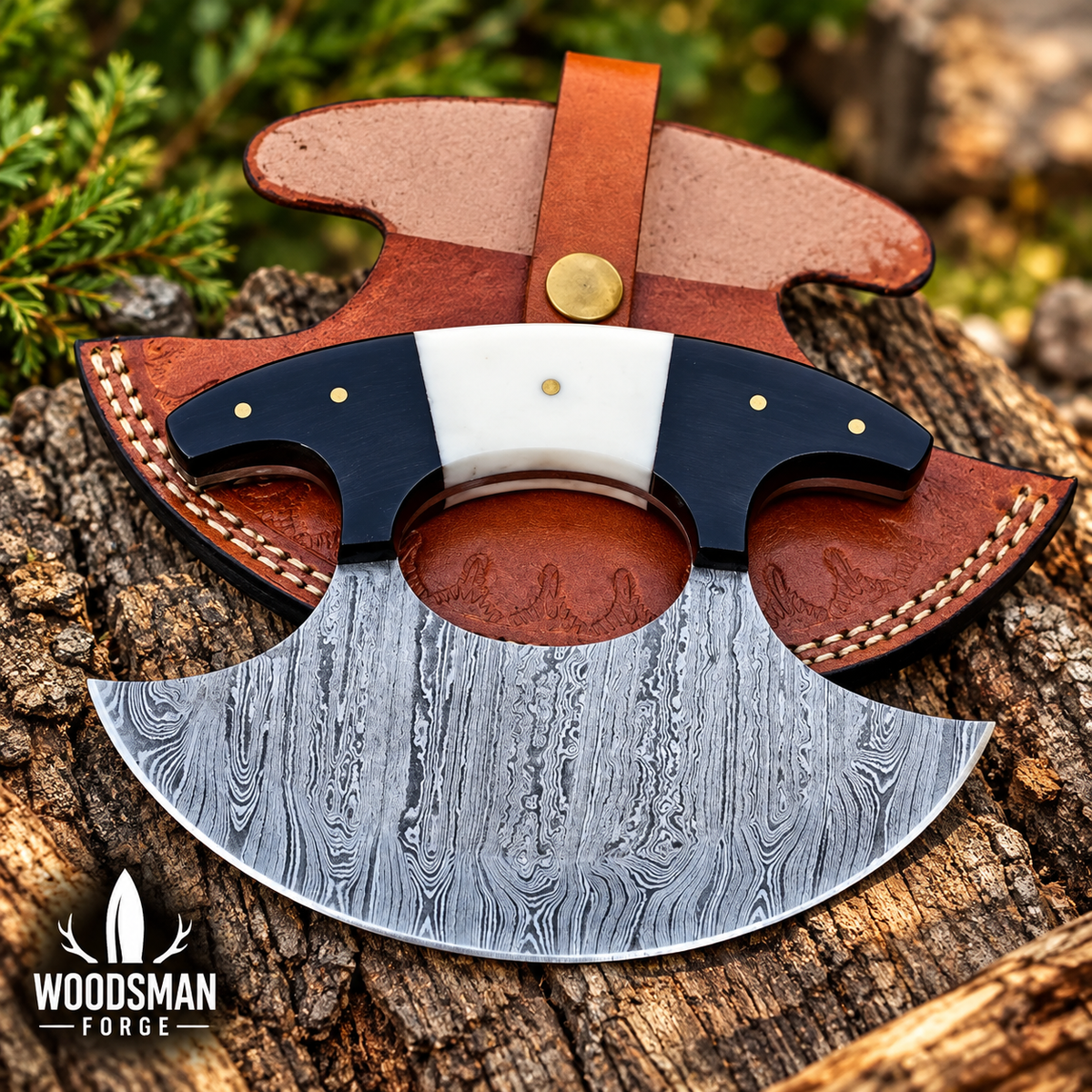 Bonehorn Northcrest™ Damascus Ulu Knife with Camel Bone & Buffalo Horn Handle